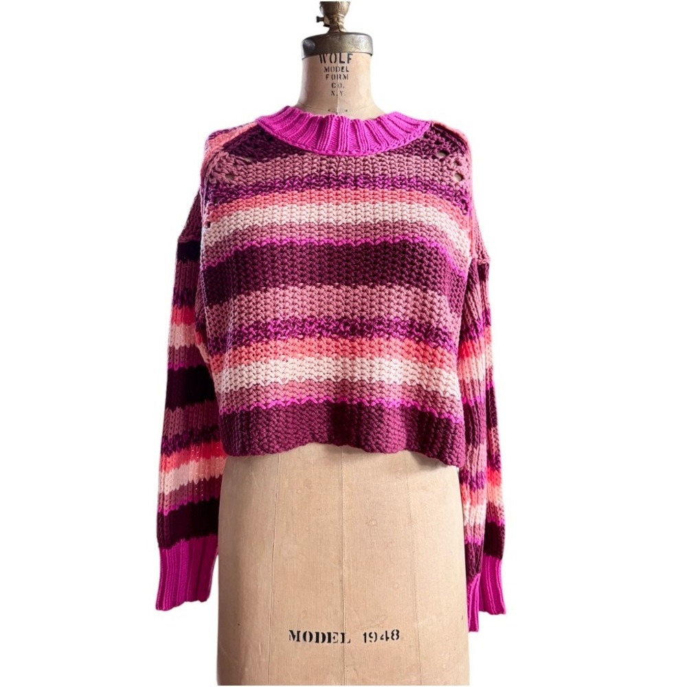 Free People Devon Cropped Knit Striped Sweater in Fuchsia Rose, Sz Sm - Picture 4 of 16